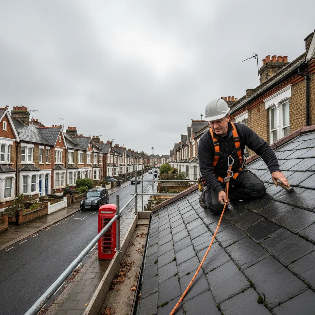 Professional roofer inspecting slate tiles on a North London terraced house